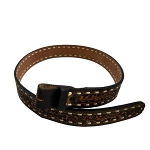 Vintage Brown Tooled Leather Belt Size 38 Top Grain Cowhide Acorns Stitching